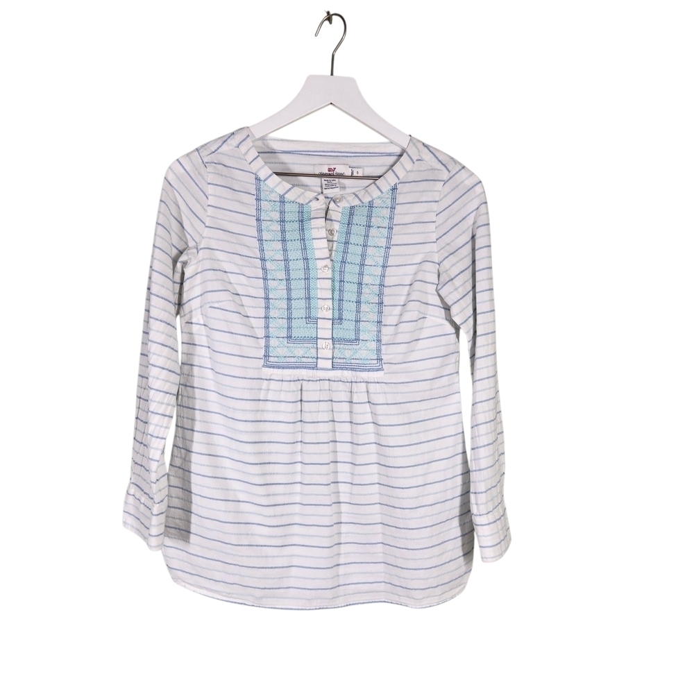 Vineyard Vines Women's Sz. 0 100% Linen Embroidered Stripe Beach Popover Shirt